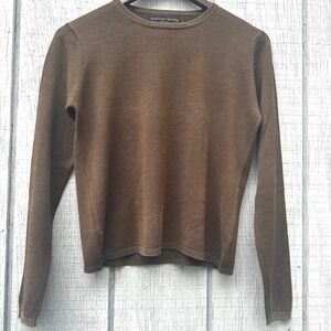 August Silk Knits Olive 100% Silk Long Sleeve Crew Neck Sweater Top Womens M